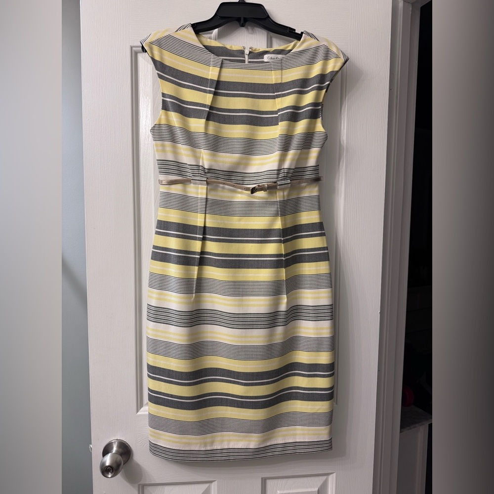 Calvin Klein Yellow, Gray and White Striped Midi Sheath Dress